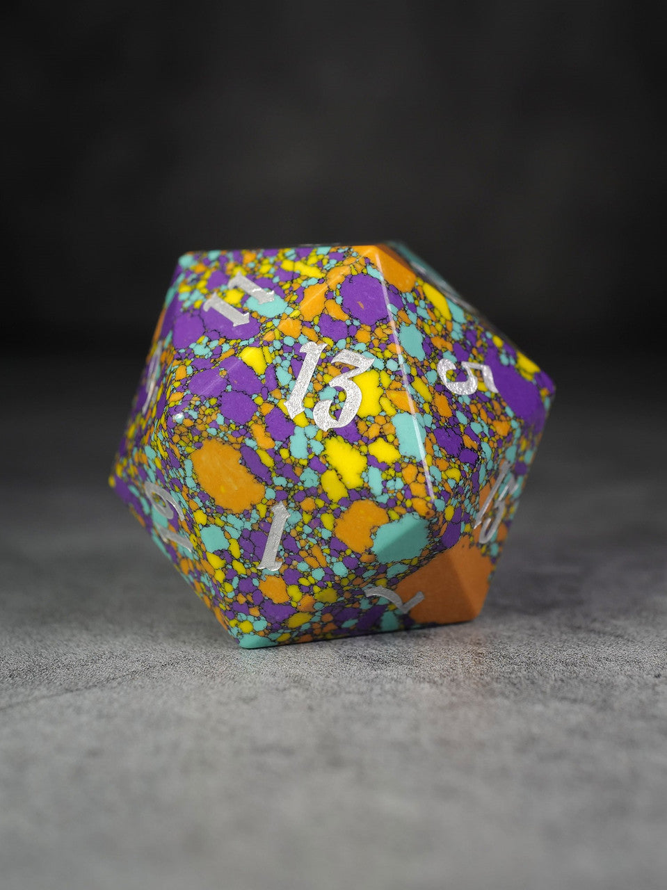40mm Orange Purple Yellow Mosaic Semi-Precious Single D20 with Silver Ink